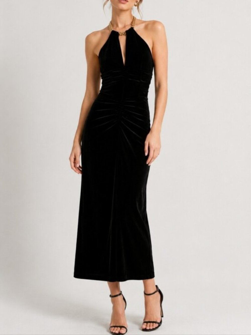 Veronica Beard Black Velvet Gold-Tone Halter Josette Dress
